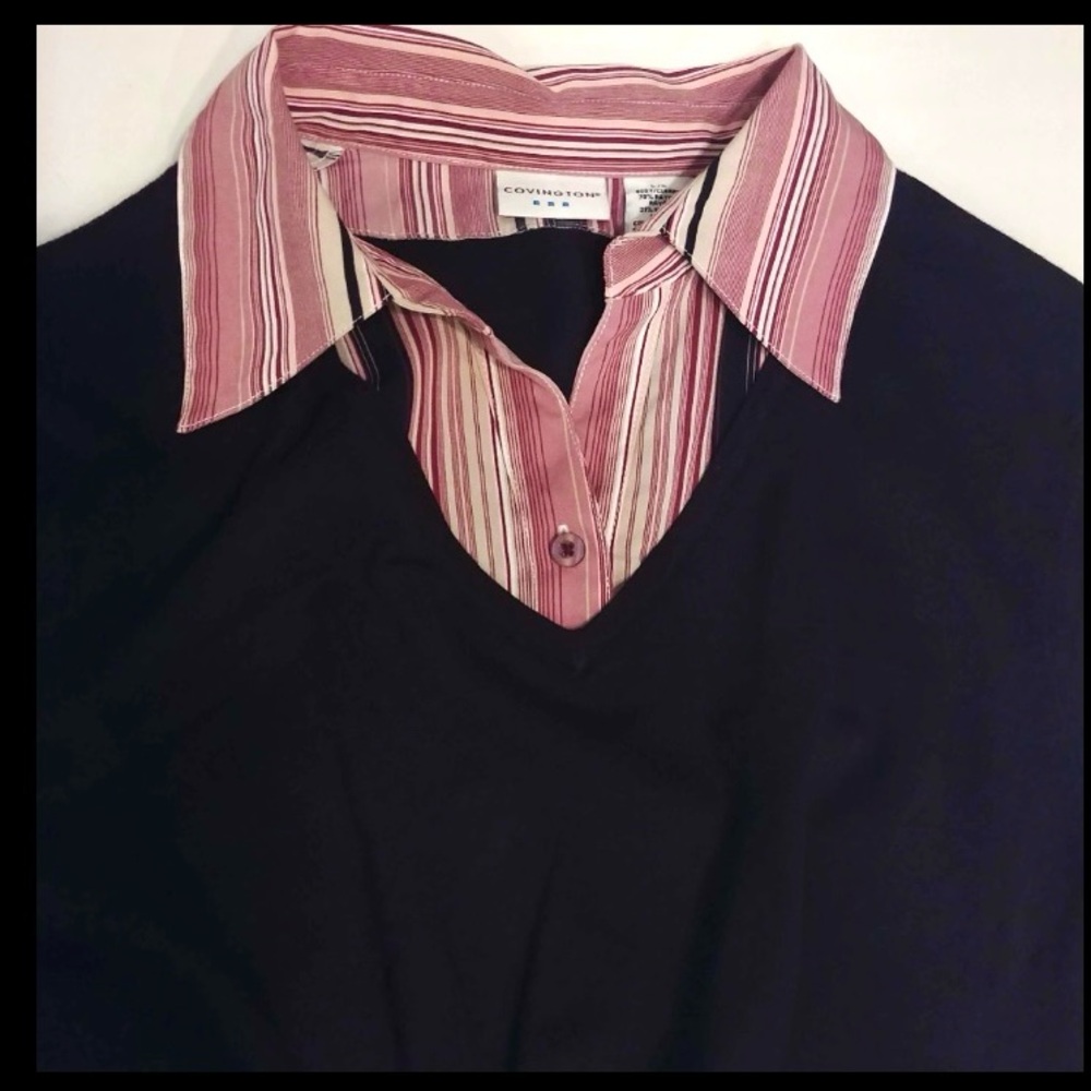 Burgundy Striped Shirt Sweater Combo Top - Picture 3 of 4